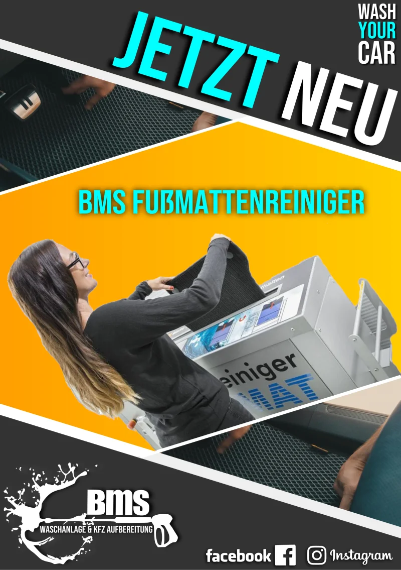 Plakat „Jetzt neu: BMS Fußmattenreiniger“ mit dem Gerät und einer Fußmatte
